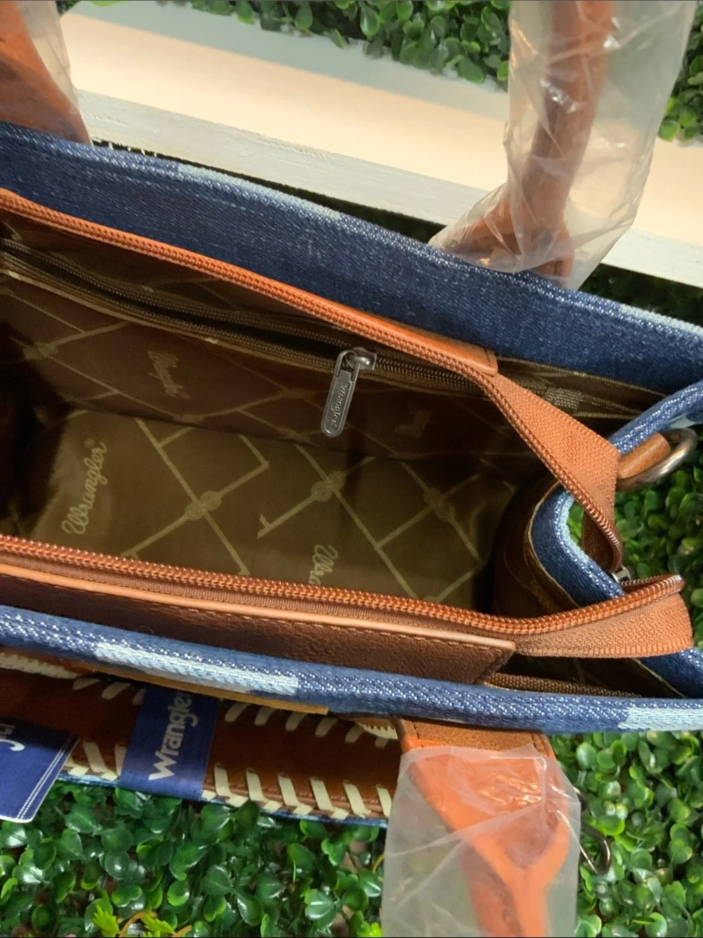Wrangler Blue Aztec-Pattern Tote with Brown Trim and Braided Detail